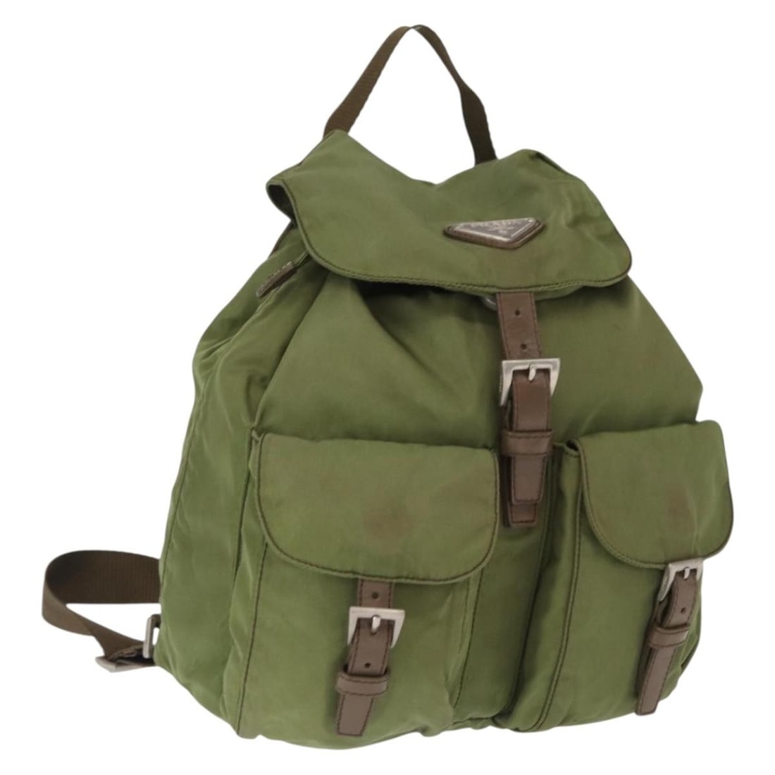 Prada Green and Silver Nylon Backpack Made in Italy: Prada Green and Silver Nylon Backpack Made in Italy This PRADA backpack features a green and silver nylon exterior and is made in Italy. The bag is designed with a compact profile, offering practical