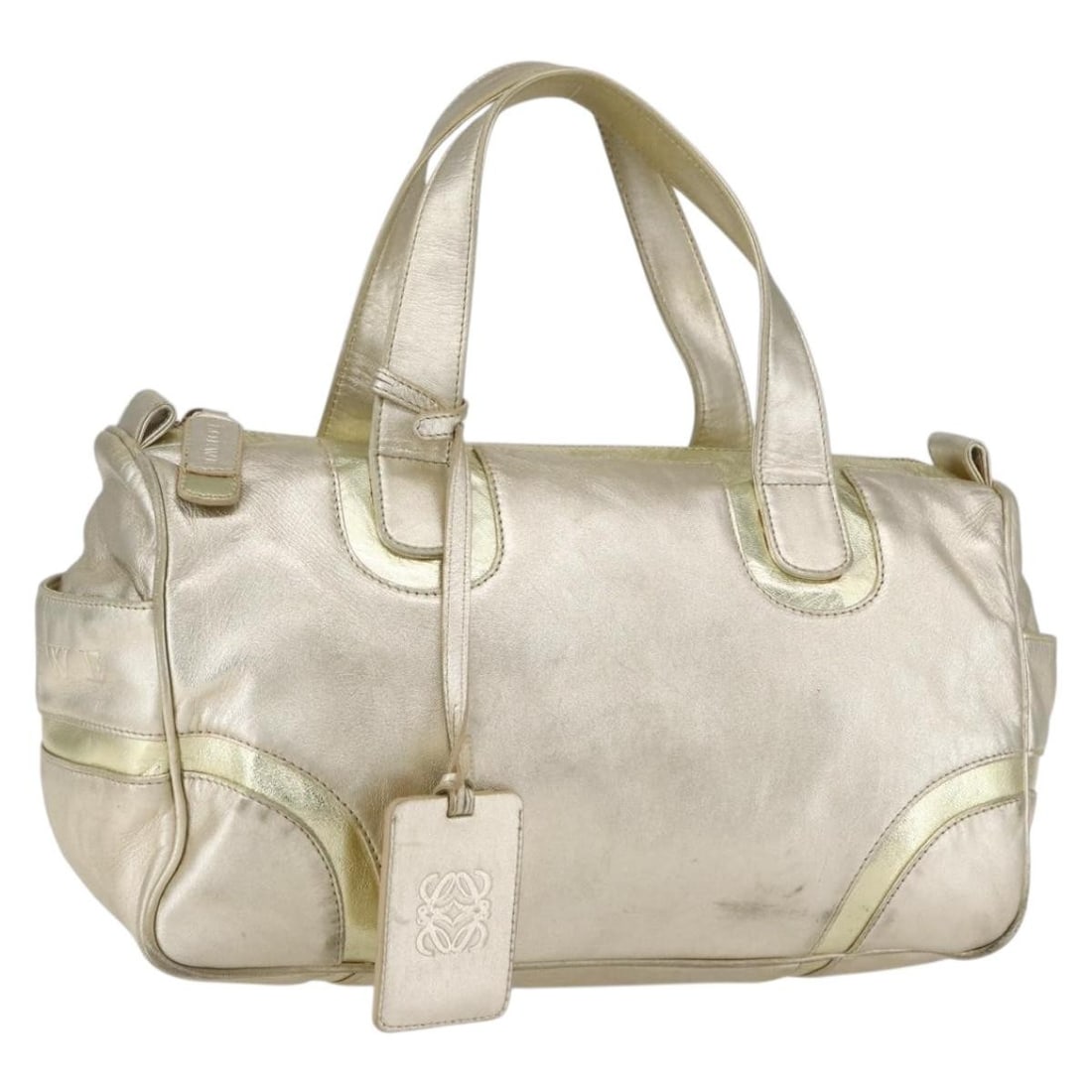 Loewe Mini Boston Gold Leather Handbag Spain Authentic 160969: Loewe Mini Boston Gold Leather Handbag Spain Authentic 160969 This LOEWE Mini Boston Bag features a gold leather exterior and is crafted in Spain. The bag has a structured silhouette with dual top han