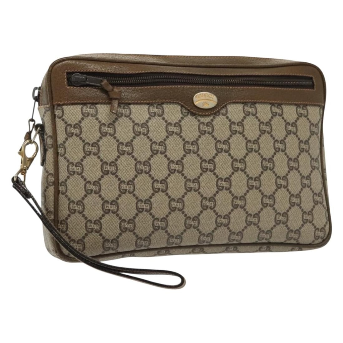 GUCCI GG Plus Supreme Beige Gold Clutch Bag PVC Made in Italy: GUCCI GG Plus Supreme Beige Gold Clutch Bag PVC Made in Italy The GUCCI GG Plus Supreme Clutch Bag is a stylish accessory crafted from durable PVC leather, featuring a sophisticated beige and gold ext