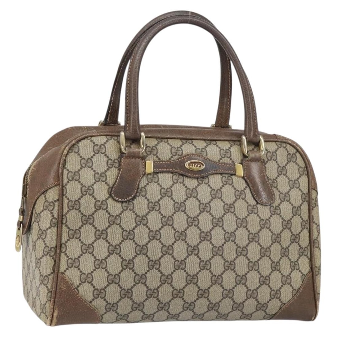 GUCCI GG Supreme Beige Gold PVC Boston Bag Auth 156838: GUCCI GG Supreme Beige Gold PVC Boston Bag Auth 156838 This stunning GUCCI GG Supreme Boston Bag showcases a blend of style and functionality. Crafted in Italy from durable PVC leather, this bag featu
