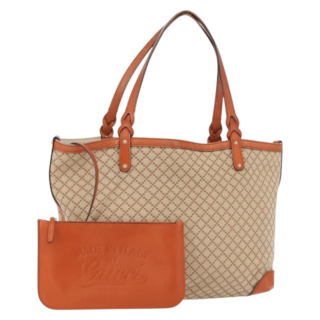 Gucci Diamante Beige Gold Canvas Tote Bag with Pouch 247209: Gucci Diamante Beige Gold Canvas Tote Bag with Pouch 247209 This GUCCI Diamante tote bag features a beige and gold canvas exterior with a spacious design, complemented by a top handle suitable for sho