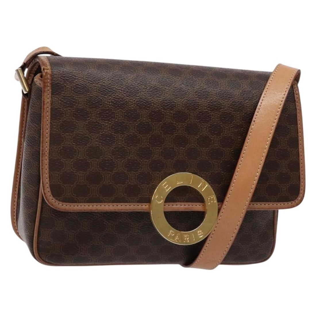 CELINE Macadam Canvas Shoulder Bag Brown Gold PVC Leather Made in Italy: CELINE Macadam Canvas Shoulder Bag Brown Gold PVC Leather Made in Italy Introducing the CELINE Macadam Canvas Circle Shoulder Bag, expertly crafted in Italy from durable PVC leather and Macadam canvas