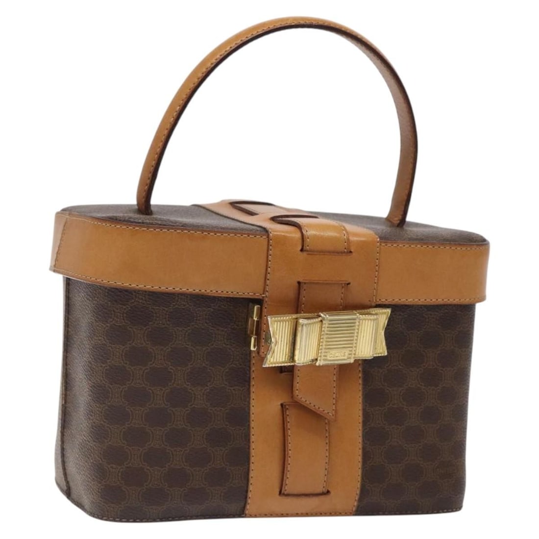 CELINE Macadam Canvas Hand Bag Brown Gold PVC Leather Italy: CELINE Macadam Canvas Hand Bag Brown Gold PVC Leather Italy Introducing the CELINE Macadam Canvas Vanity Bag, a stylish hand bag crafted from durable PVC leather with a luxurious brown and gold color