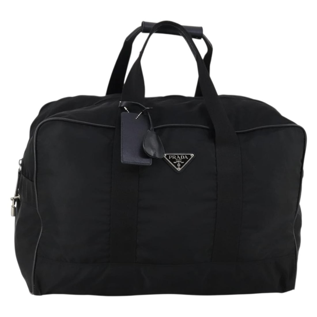 PRADA Black Silver Nylon Boston Bag Auth Italy 144179: PRADA Black Silver Nylon Boston Bag Auth Italy 144179 This PRADA Boston Bag is crafted from durable nylon in a striking black and silver color scheme. Made in Italy, this stylish bag measures approxim