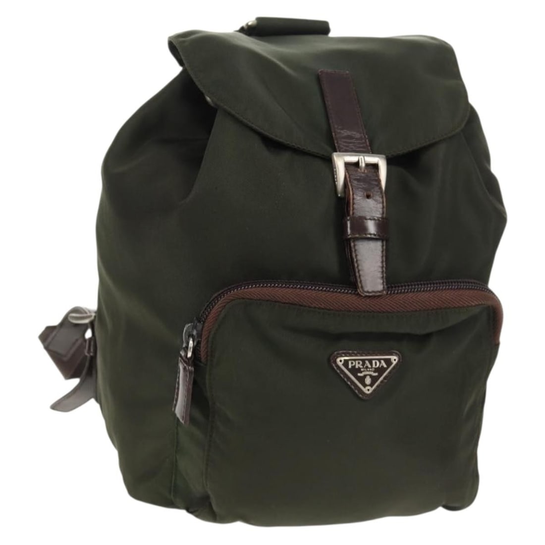 Prada Khaki and Silver Nylon Backpack Made in Italy: Prada Khaki and Silver Nylon Backpack Made in Italy This PRADA backpack features a khaki nylon exterior with silver accents. Made in Italy, it has a compact and functional design suitable for daily us
