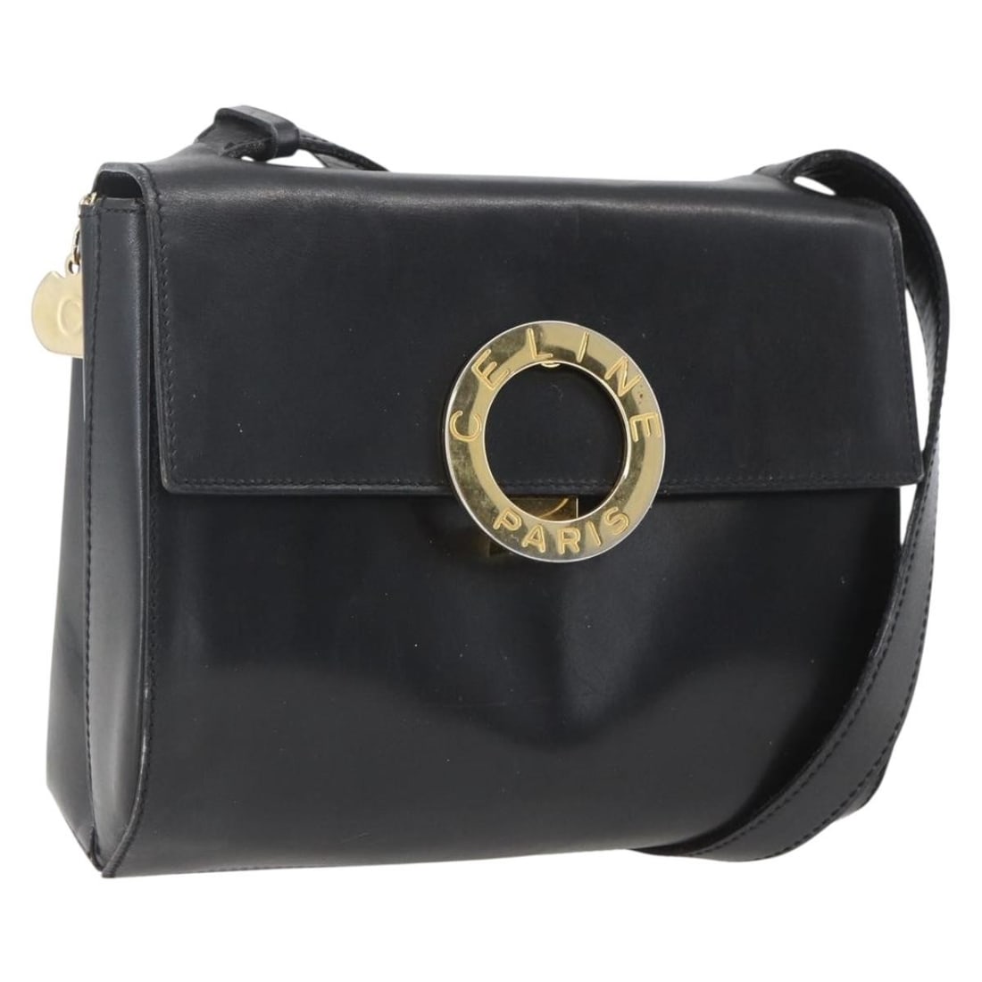 Black Leather CELINE Circle Shoulder Bag with Gold Tone Accents: Black Leather CELINE Circle Shoulder Bag with Gold Tone Accents This is a CELINE Circle shoulder bag crafted from black leather with gold-tone accents. Made in Italy, the bag features an adjustable sh