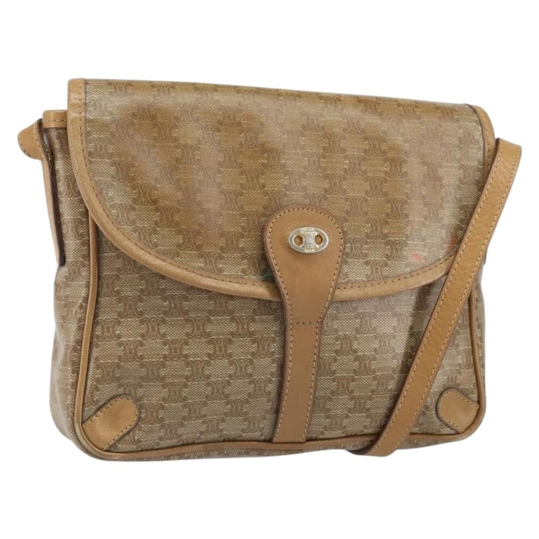 Beige Gold Macadam Canvas PVC Shoulder Bag by CELINE: Beige Gold Macadam Canvas PVC Shoulder Bag by CELINE This authentic CELINE shoulder bag features a beige and gold macadam canvas exterior with PVC leather accents. Designed and made in Italy, the comp