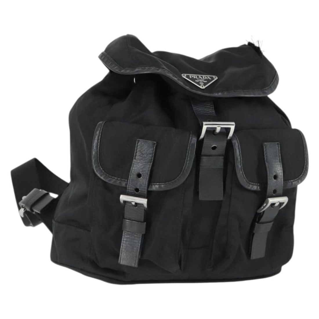 Black Nylon Prada Backpack with Silver Trim Made in Italy: Black Nylon Prada Backpack with Silver Trim Made in Italy This PRADA backpack features a black and silver color scheme and is crafted from durable nylon. Designed for everyday use, it offers a spaciou