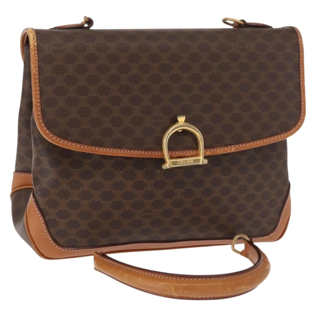 Celine Macadam Brown PVC Leather Handbag with Gold Details: Celine Macadam Brown PVC Leather Handbag with Gold Details This is a CELINE Macadam canvas hand bag featuring brown and gold tones with PVC leather and Macadam canvas exterior. The handbag is made in