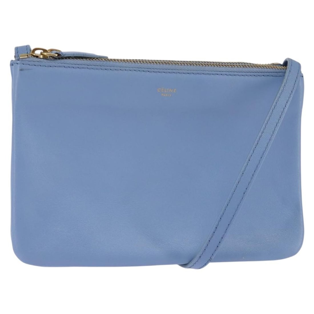 CELINE Trio Light Blue Leather Shoulder Bag Gold Auth BA5615: CELINE Trio Light Blue Leather Shoulder Bag Gold Auth BA5615 The CELINE Trio Shoulder Bag is a stylish and functional accessory crafted from high-quality leather in a beautiful light blue and gold col