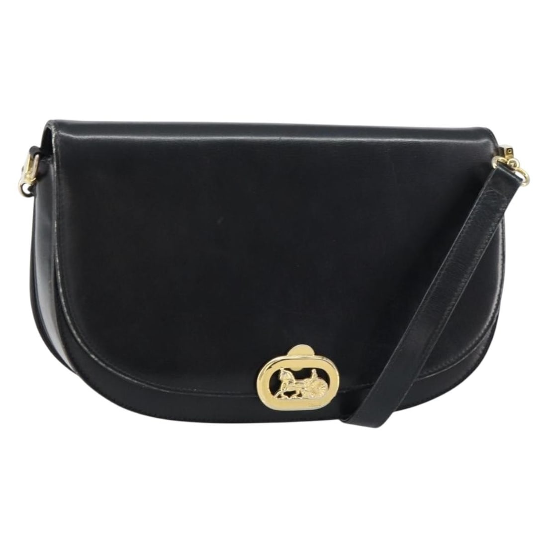 Celine Horse Carriage Black Leather Gold Shoulder Bag Italy 161421: Celine Horse Carriage Black Leather Gold Shoulder Bag Italy 161421 This CELINE Horse Carriage shoulder bag is crafted from black leather with gold-tone accents. The bag features a structured silhouett