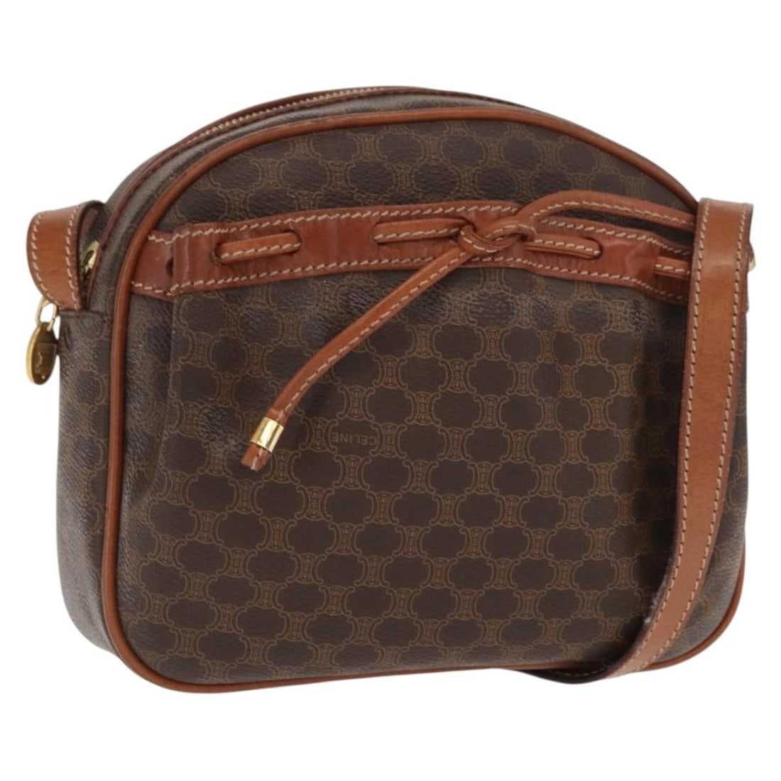 CELINE Macadam Canvas Brown Gold PVC Leather Shoulder Bag 169437: CELINE Macadam Canvas Brown Gold PVC Leather Shoulder Bag 169437 This CELINE shoulder bag features a brown and gold Macadam canvas with PVC leather exterior, crafted in Italy. The compact design inclu