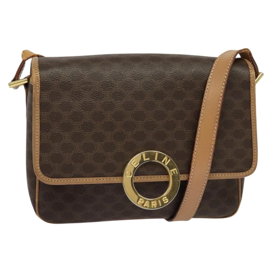 CELINE Macadam Canvas Circle Shoulder Bag PVC Leather Brown Gold Made in Italy: CELINE Macadam Canvas Circle Shoulder Bag PVC Leather Brown Gold Made in Italy This CELINE Macadam Canvas Circle Shoulder Bag is a stylish accessory crafted from PVC leather with a chic brown and gold