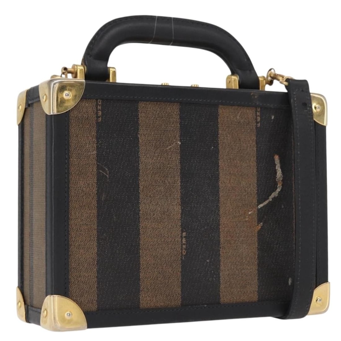 Mini Trunk Handbag in Pecan Canvas and PVC Leather by Fendi 2way Black Brown: Mini Trunk Handbag in Pecan Canvas and PVC Leather by Fendi 2way Black Brown This Fendi Mini Trunk Hand Bag features a combination of PVC leather and Pequin canvas in a black and brown color scheme. D