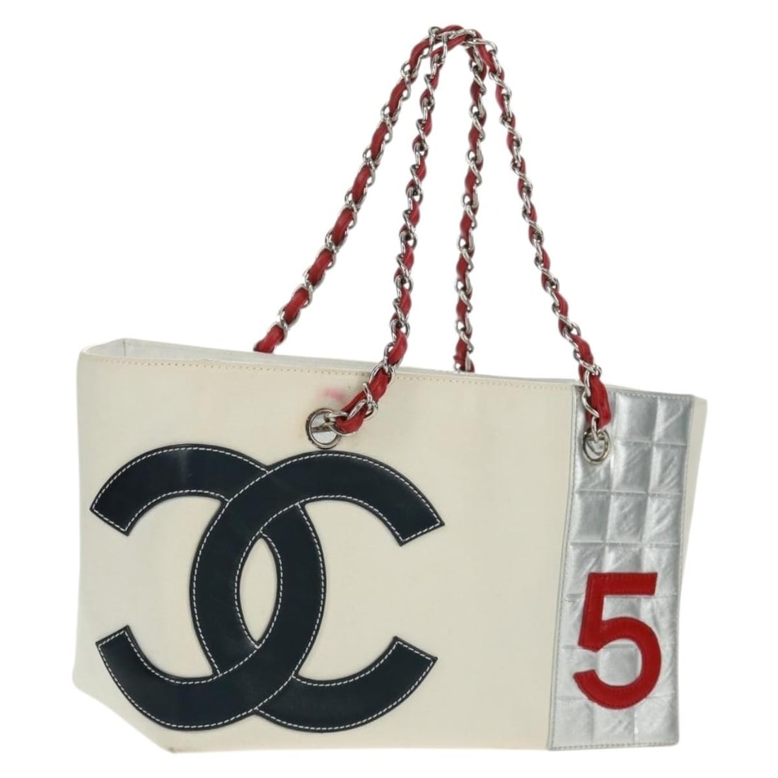 Chanel Choco Bar Canvas Shoulder Bag White Silver Chain CC Logo with Dust Bag (1 of 18)