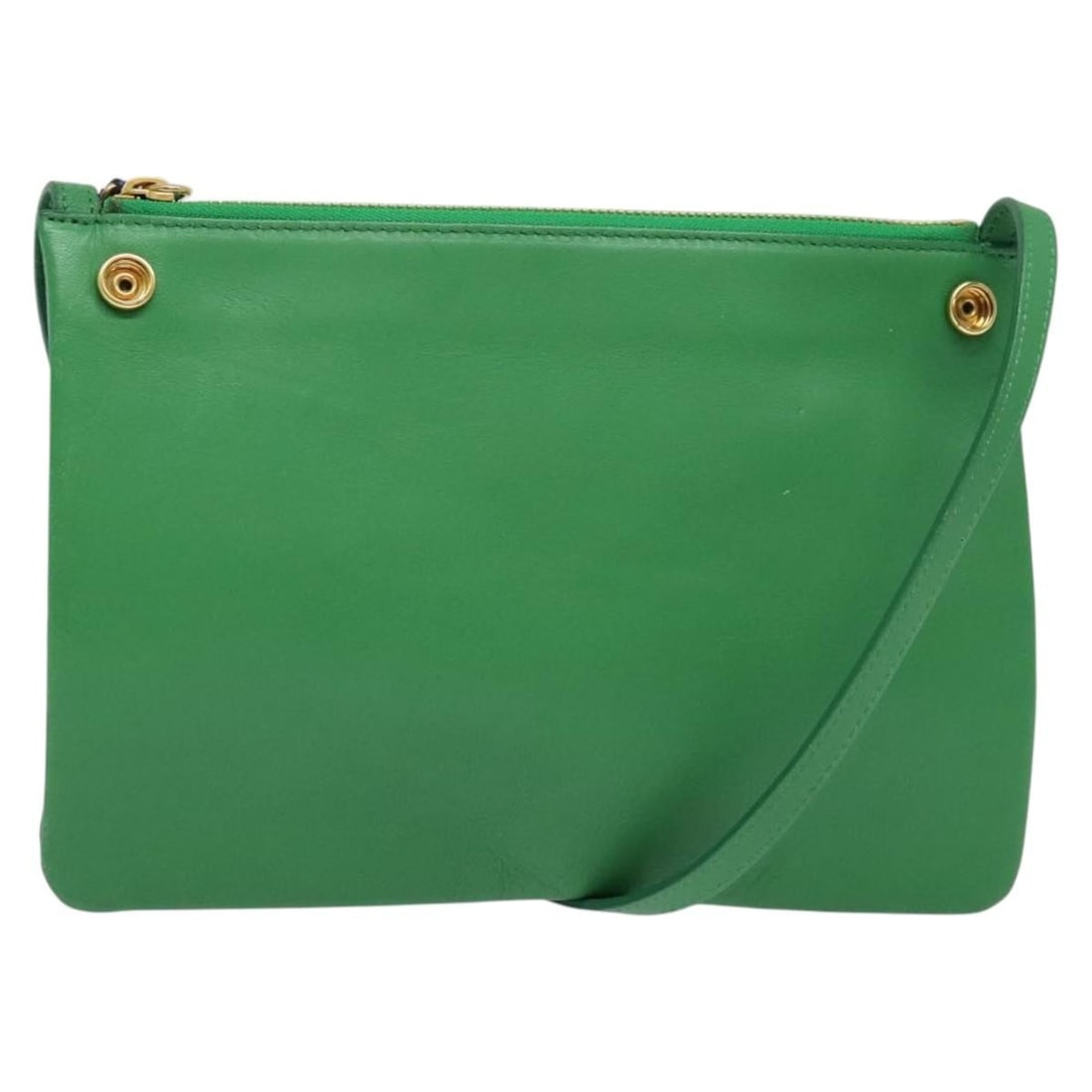 CELINE Trio Leather Shoulder Bag Green Gold Made in Italy BA5510: CELINE Trio Leather Shoulder Bag Green Gold Made in Italy BA5510 Introducing the CELINE Trio Shoulder Bag, a stylish and versatile accessory crafted from premium leather. This bag features a striking