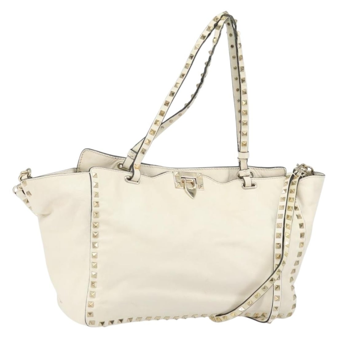 White Leather Valentino Tote with Gold Studs and Shoulder Strap (1 of 18)