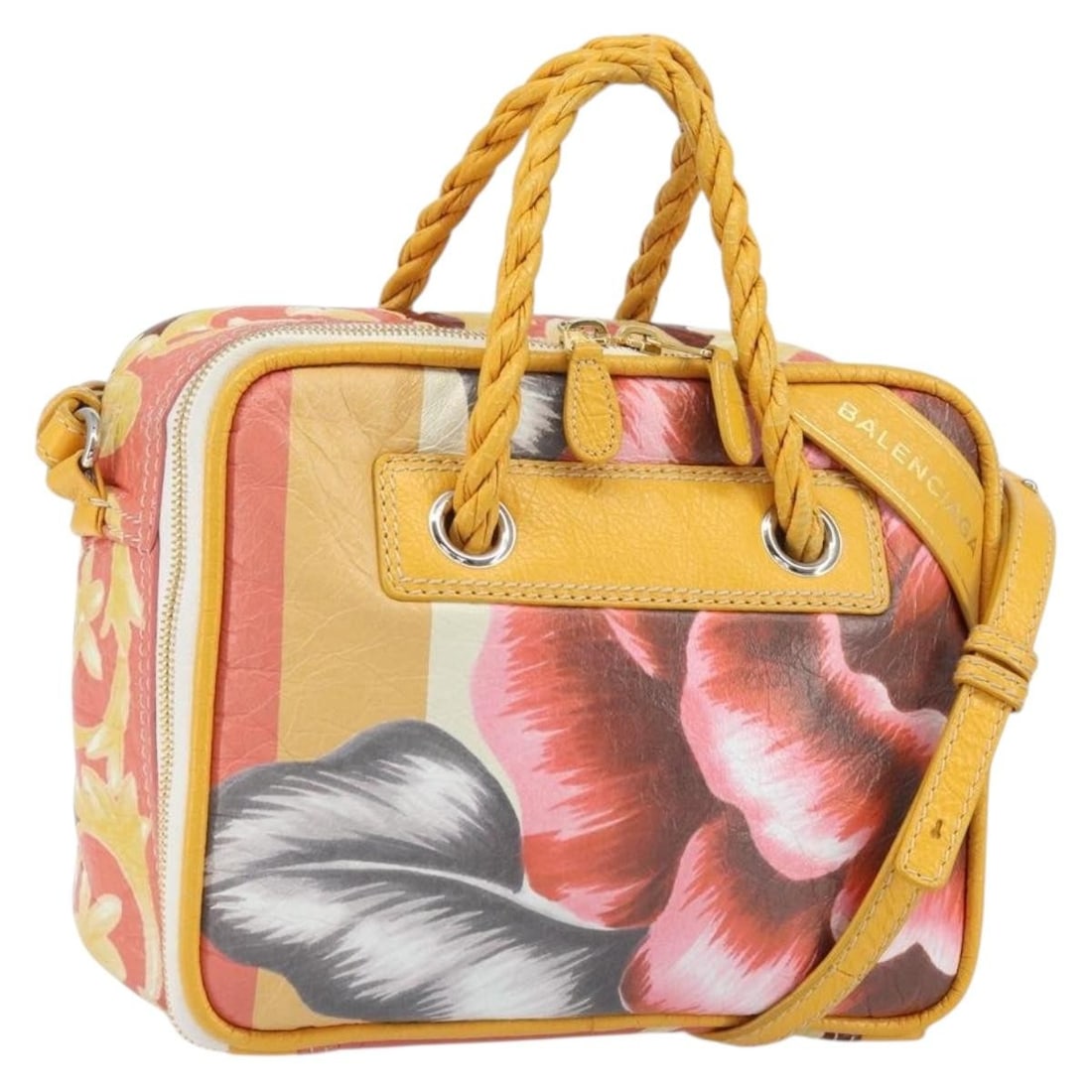 Pink Silver Canvas 2way Handbag by Balenciaga with Dust Bag: Pink Silver Canvas 2way Handbag by Balenciaga with Dust Bag This Balenciaga 2-way handbag features a pink and silver canvas exterior with a versatile design for hand or shoulder carry. It includes a s