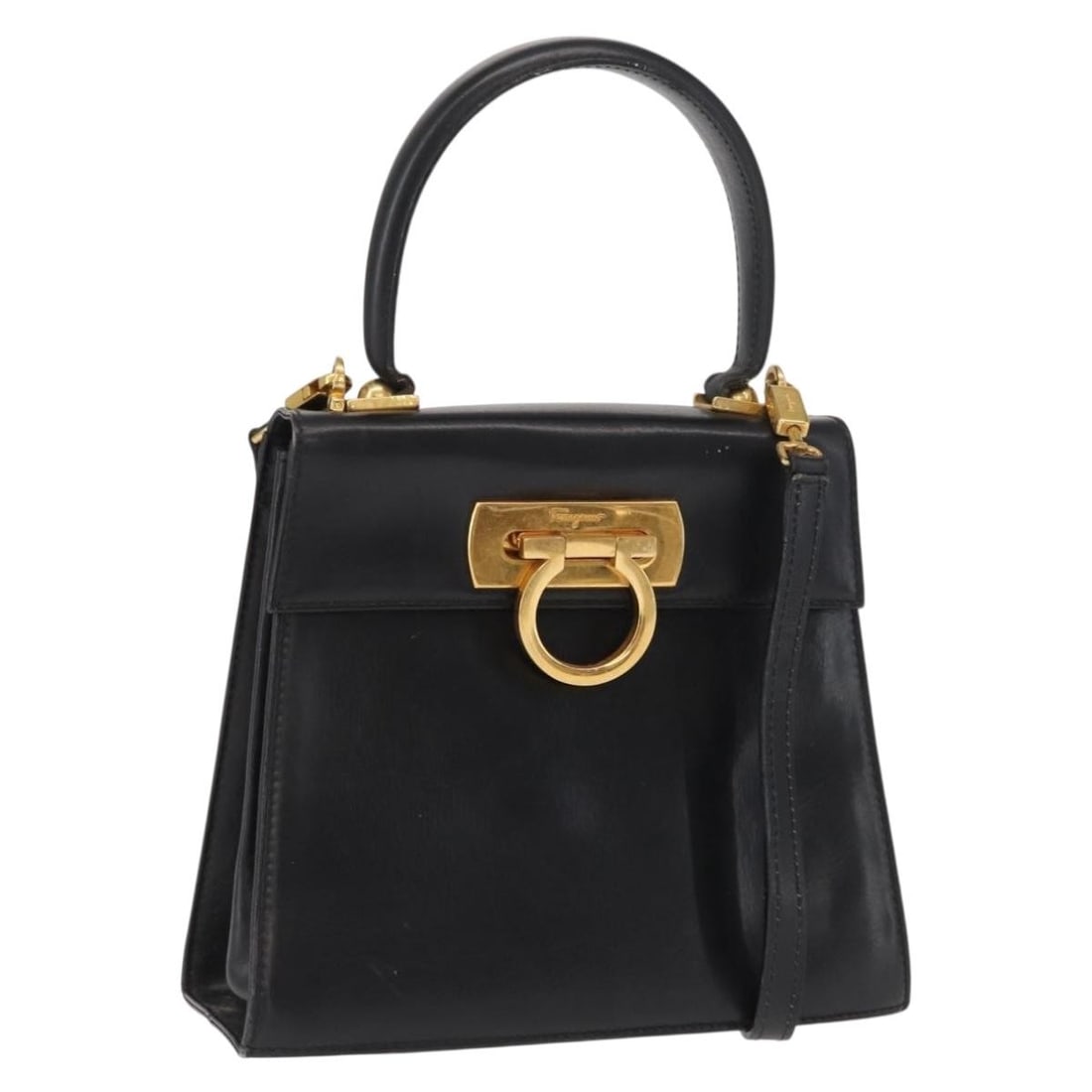 Black Leather Gancini 2way Shoulder Handbag by Salvatore Ferragamo: Black Leather Gancini 2way Shoulder Handbag by Salvatore Ferragamo This Salvatore Ferragamo Gancini handbag is crafted from black leather and features both a handle and a detachable shoulder strap for