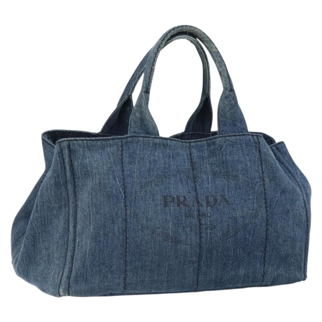 Prada Canapa GM Blue Canvas Handbag with Gold Accents: Prada Canapa GM Blue Canvas Handbag with Gold Accents This PRADA Canapa GM handbag features a durable canvas exterior in blue and gold tones. The bag is designed with practical dimensions and a comfor