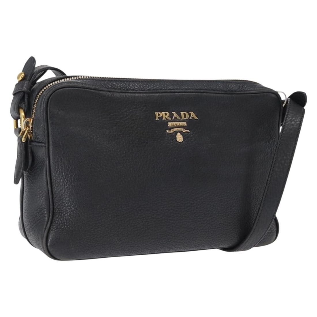 Black Leather PRADA Shoulder Bag with Gold Accents Made in Turkey: Black Leather PRADA Shoulder Bag with Gold Accents Made in Turkey This PRADA shoulder bag features a black and gold leather exterior with a structured silhouette. The bag is crafted in Turkey and incl