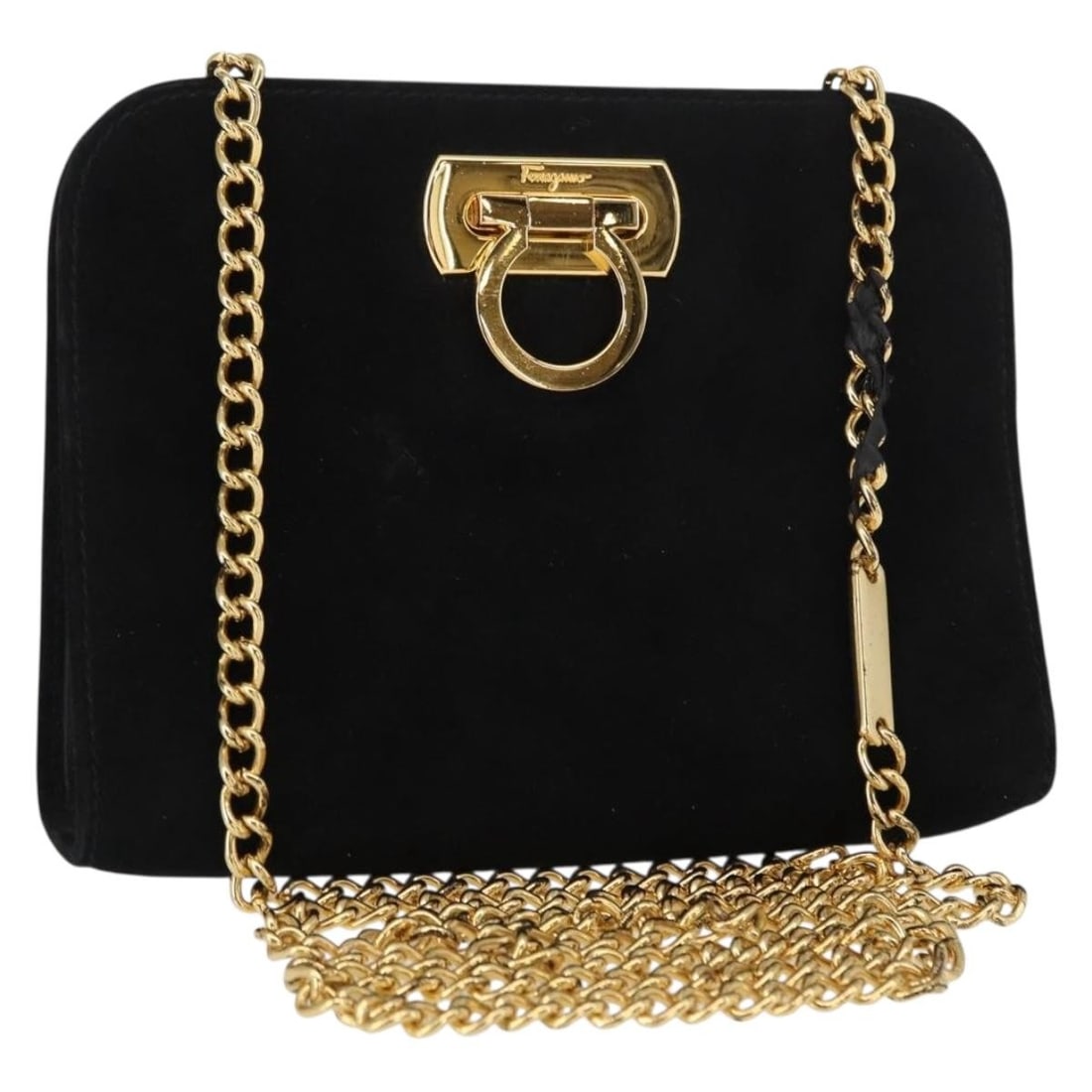 Black Suede Gancini Shoulder Bag by Salvatore Ferragamo with Gold Chain (1 of 18)