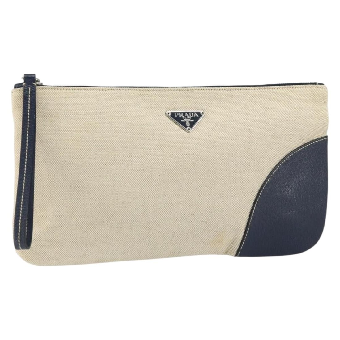 Prada Beige and Silver Canvas Pouch Made in Italy: Prada Beige and Silver Canvas Pouch Made in Italy This PRADA pouch is crafted from beige and silver canvas. It features a rectangular silhouette with a zip closure, made in Italy. The pouch shows sign
