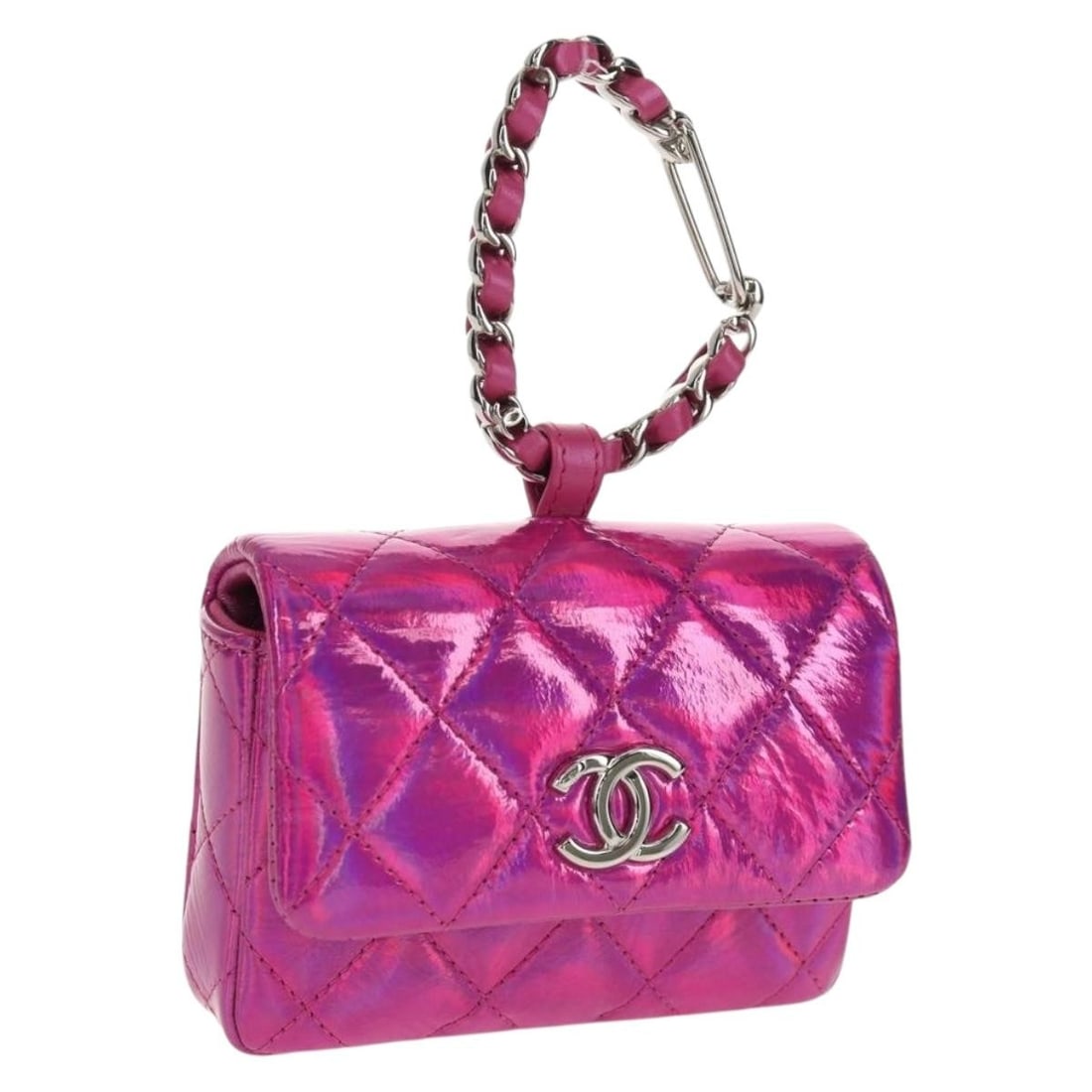 Pink Patent Leather Matelasse Pouch Charm by CHANEL with Silver CC Logo: Pink Patent Leather Matelasse Pouch Charm by CHANEL with Silver CC Logo This CHANEL Matelasse hand pouch charm is crafted from pink patent leather with silver-tone accents. The compact pouch features