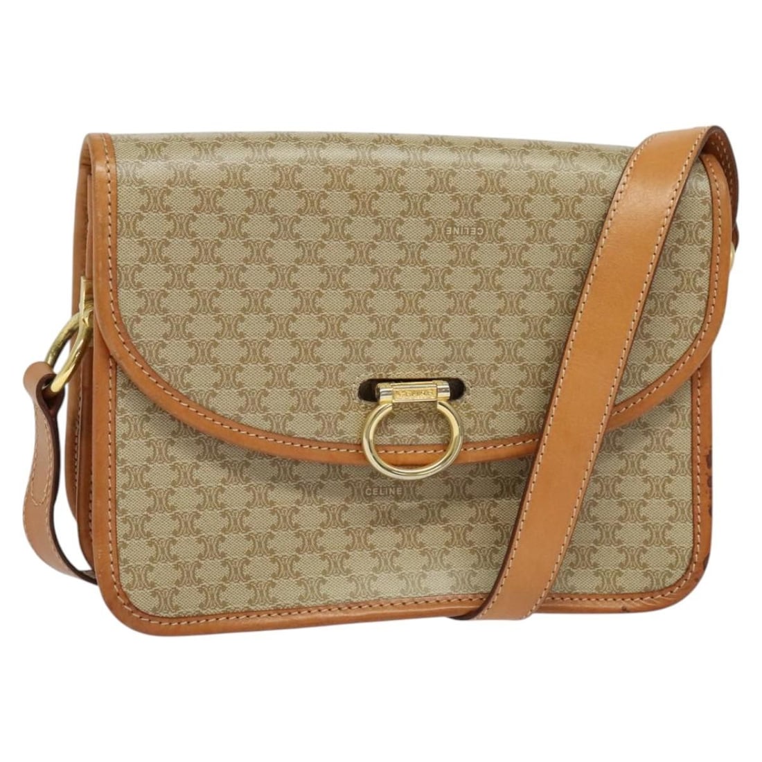 CELINE Beige Gold Macadam Canvas Shoulder Bag Made in Italy: CELINE Beige Gold Macadam Canvas Shoulder Bag Made in Italy This CELINE Macadam Canvas Shoulder Bag is a stylish accessory that combines practicality with elegance. Crafted from durable PVC leather an