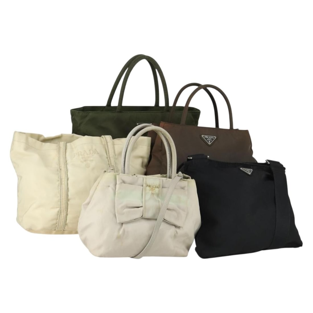 Prada Nylon Handbag Set of Five in Beige Khaki and Brown: Prada Nylon Handbag Set of Five in Beige Khaki and Brown This is a set of five PRADA handbags crafted from nylon in beige, khaki, and brown tones. Made in Italy, these bags are designed for everyday u
