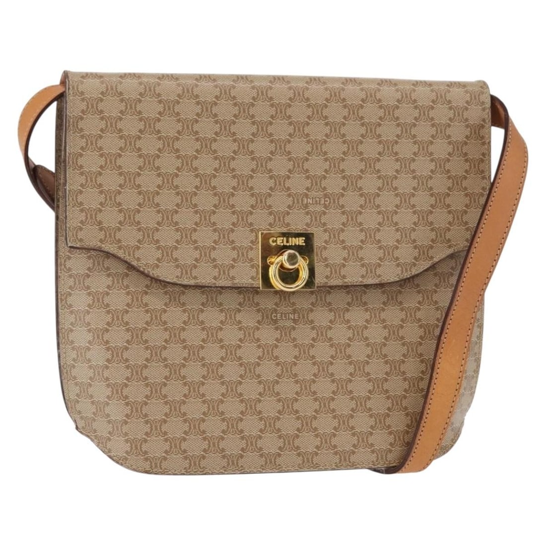 CELINE Macadam Beige Gold PVC Shoulder Bag Auth 156440: CELINE Macadam Beige Gold PVC Shoulder Bag Auth 156440 This CELINE Macadam Canvas Shoulder Bag is a stylish accessory that combines functionality with luxury. Made in Italy, this shoulder bag features