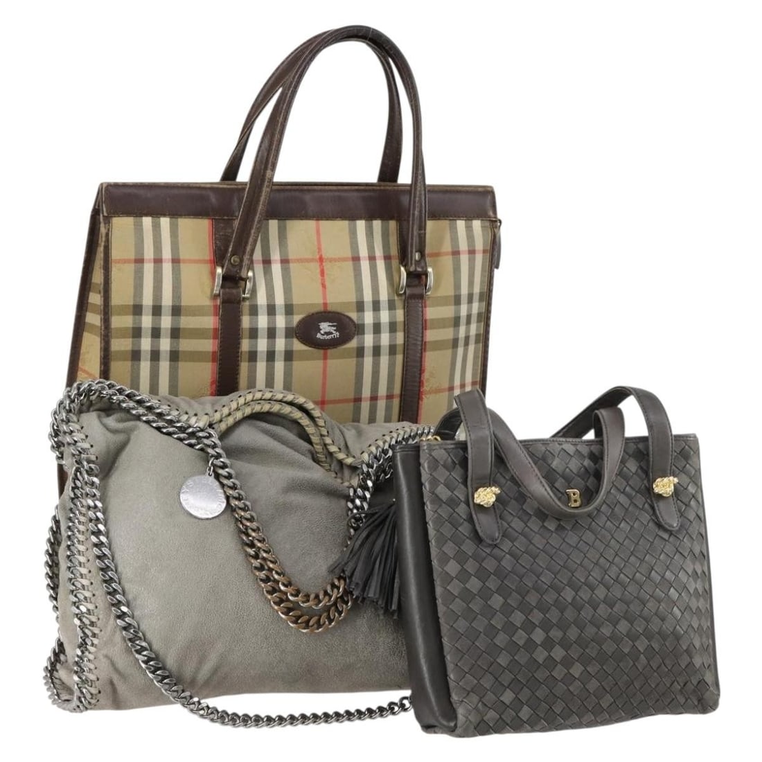 Stella MacCartney Gray Beige Bally Burberrys Nova Check Leather Bag Set: Stella MacCartney Gray Beige Bally Burberrys Nova Check Leather Bag Set Explore this stylish Stella MacCartney Bally Burberrys Nova Check Bag Leather 3 Set in a sophisticated gray and beige color sche