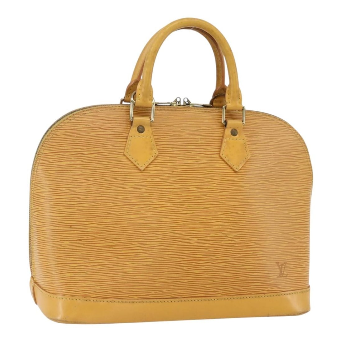 Yellow Epi Leather Alma Handbag by Louis Vuitton Model M52149: Yellow Epi Leather Alma Handbag by Louis Vuitton Model M52149 This Louis Vuitton Epi Alma handbag features a striking yellow Epi leather exterior and a structured silhouette. Crafted in France, it off