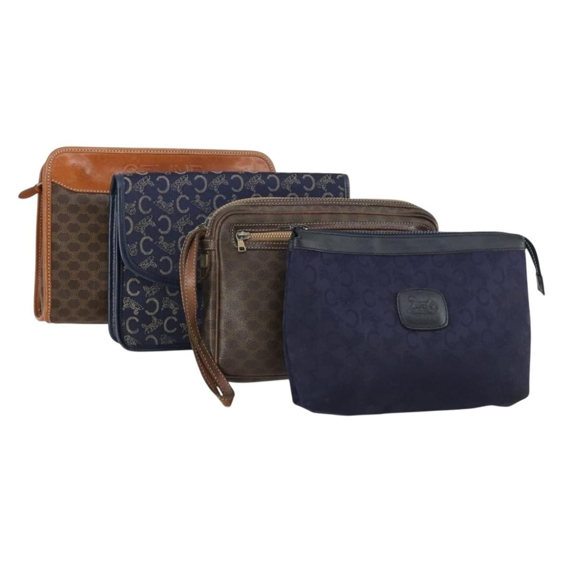 Set of 4 Celine Sulky PVC Macadam Canvas Clutch Bags Brown Navy: Set of 4 Celine Sulky PVC Macadam Canvas Clutch Bags Brown Navy This is a Celine Macadam Canvas C Sulky clutch bag set, featuring brown and navy PVC leather and Macadam canvas exterior. The set includ