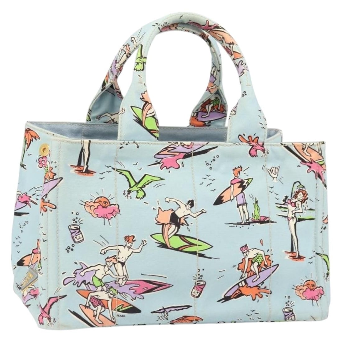 Prada Canapa MM Light Blue Canvas Gold Tone Medium Handbag: Prada Canapa MM Light Blue Canvas Gold Tone Medium Handbag This PRADA Canapa MM handbag features a light blue canvas exterior with gold accents. The bag is crafted in Italy and offers a spacious inter