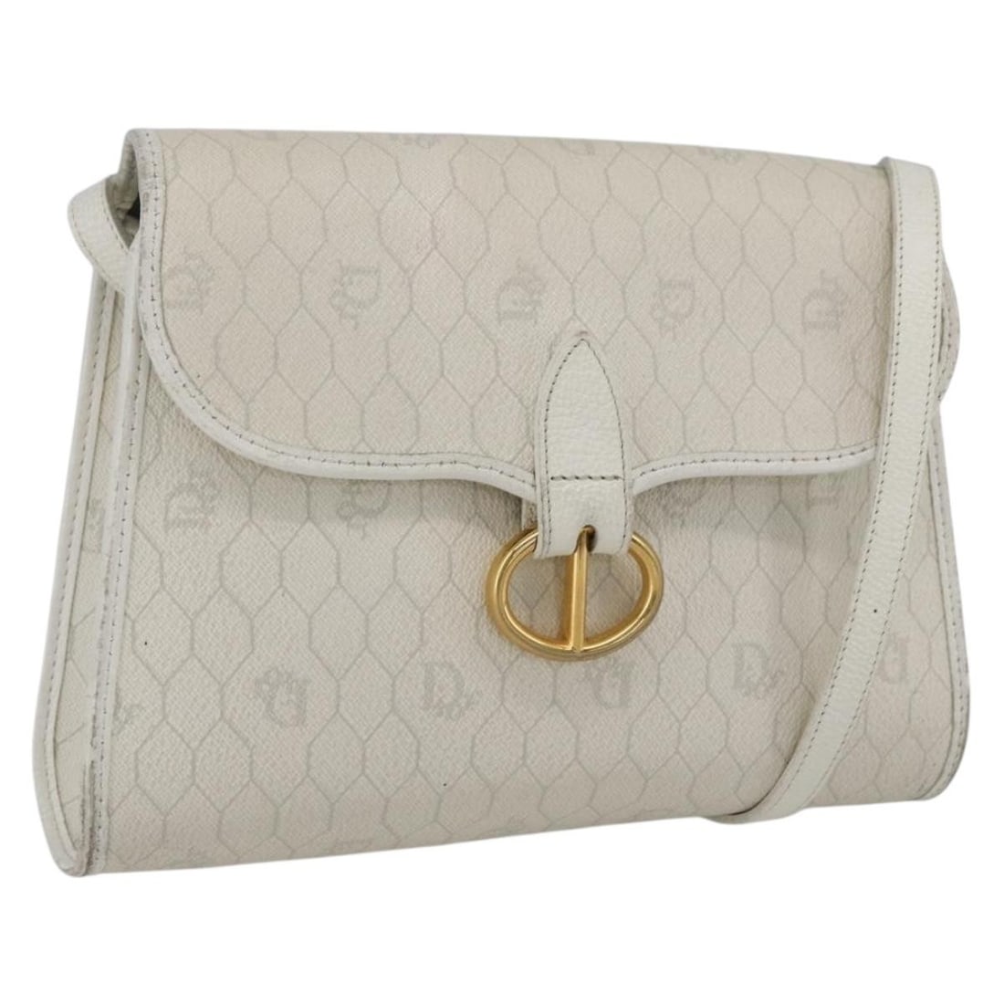 Christian Dior White Honeycomb Canvas PVC Shoulder Bag Gold Accents: Christian Dior White Honeycomb Canvas PVC Shoulder Bag Gold Accents This Christian Dior shoulder bag features a distinctive honeycomb canvas and PVC leather exterior in white and gold. Designed for ve