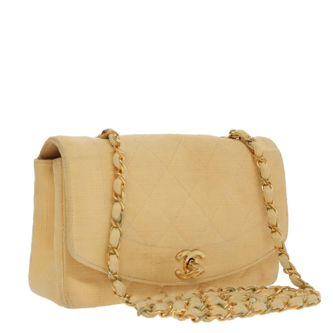 CHANEL Matelasse Canvas Shoulder Bag Beige Gold Auth 96216 (1 of 18)