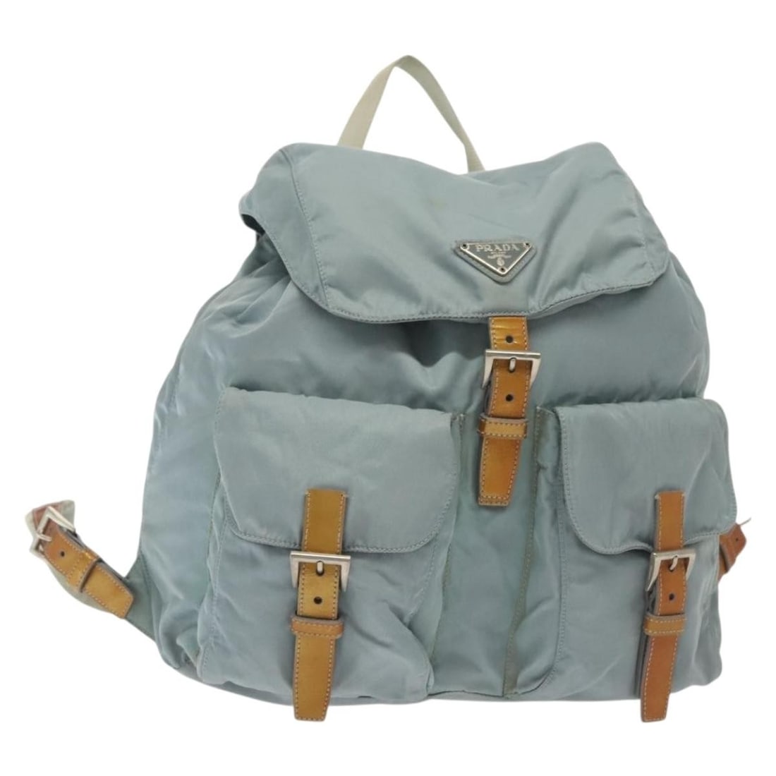 PRADA Light Blue Silver Nylon Backpack Auth BA5026 Italy: PRADA Light Blue Silver Nylon Backpack Auth BA5026 Italy This authentic PRADA backpack combines style and functionality with its light blue nylon exterior and silver accents. Designed for those on the