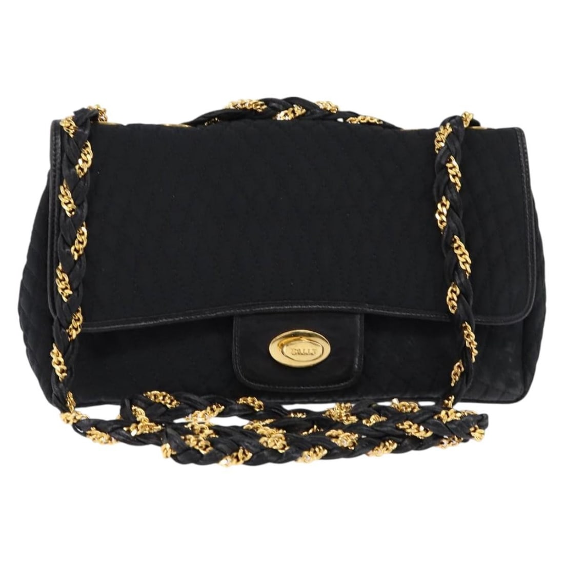 BALLY Black Gold Nylon Chain Shoulder Bag Made in Italy: BALLY Black Gold Nylon Chain Shoulder Bag Made in Italy This BALLY shoulder bag combines style and functionality, crafted from durable nylon in a sleek black and gold color scheme. The bag features an