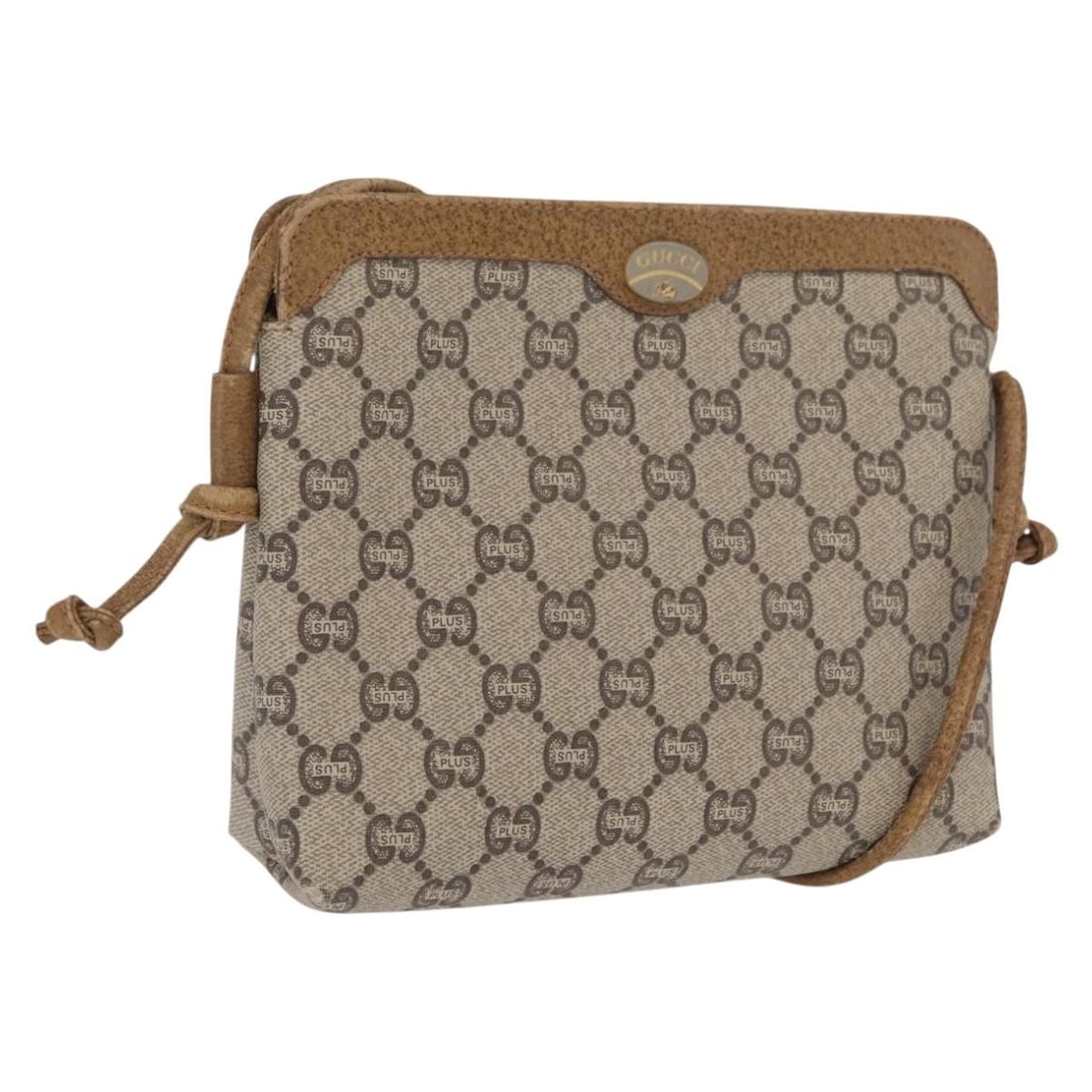 Gucci Supreme Beige Gold PVC Leather GG Plus Shoulder Bag: Gucci Supreme Beige Gold PVC Leather GG Plus Shoulder Bag This is a GUCCI GG Plus Supreme shoulder bag crafted from beige and gold PVC leather and GG canvas. The bag features a compact design with a s