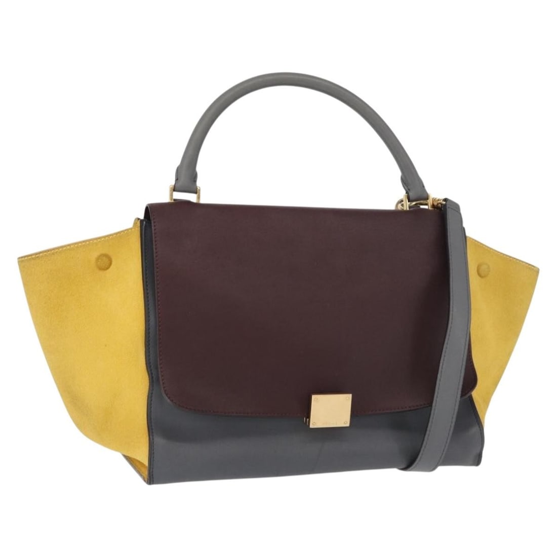 CELINE Trapeze Medium Hand Bag Leather Gray Gold Authentic BA7555: CELINE Trapeze Medium Hand Bag Leather Gray Gold Authentic BA7555 This Celine Trapeze Medium Hand Bag combines elegance and functionality, crafted from high-quality leather in a chic gray and gold col