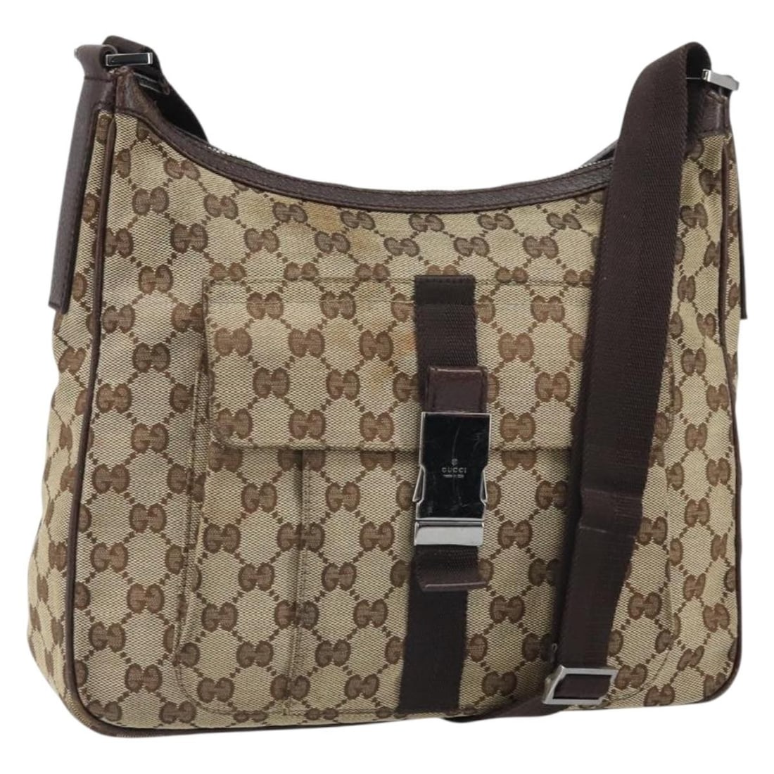 Beige Silver GG Canvas Gucci Shoulder Bag Model 131211 Made in Italy: Beige Silver GG Canvas Gucci Shoulder Bag Model 131211 Made in Italy This Gucci shoulder bag features the iconic beige and silver GG canvas exterior with a structured silhouette. It has a shoulder str