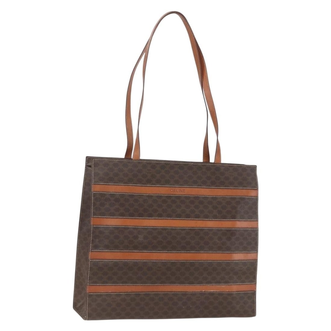 CELINE Macadam Brown PVC Leather Shoulder Bag Gold Tone Accents Italy: CELINE Macadam Brown PVC Leather Shoulder Bag Gold Tone Accents Italy This CELINE Macadam shoulder bag features a classic brown and gold design crafted from durable PVC leather and signature Macadam c