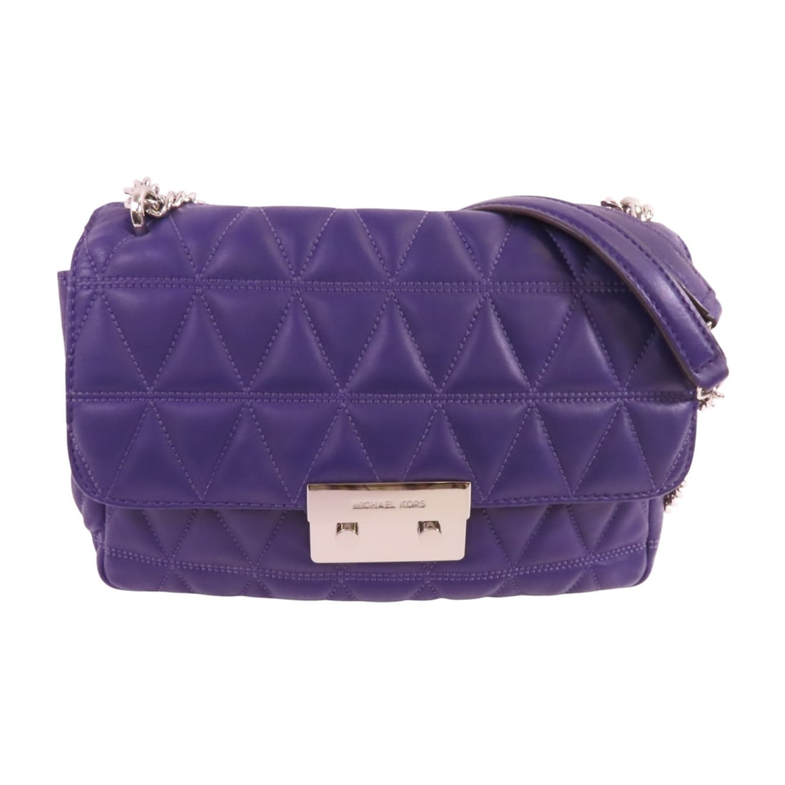 Michael Kors Purple Lambskin Leather Shoulder Bag with SHW Chain: Michael Kors Purple Lambskin Leather Shoulder Bag with SHW Chain Elevate your accessory collection with this stylish Michael Kors Chain Shoulder Bag. Crafted from luxurious lambskin leather in a stunn