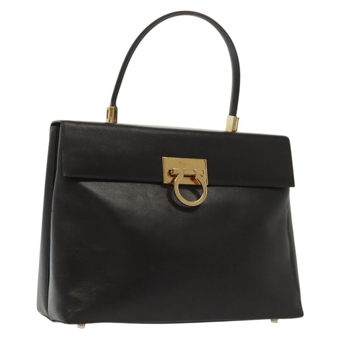 Salvatore Ferragamo Gancini Hand Bag Black Leather Gold Accents Auth E218791 (1 of 18)