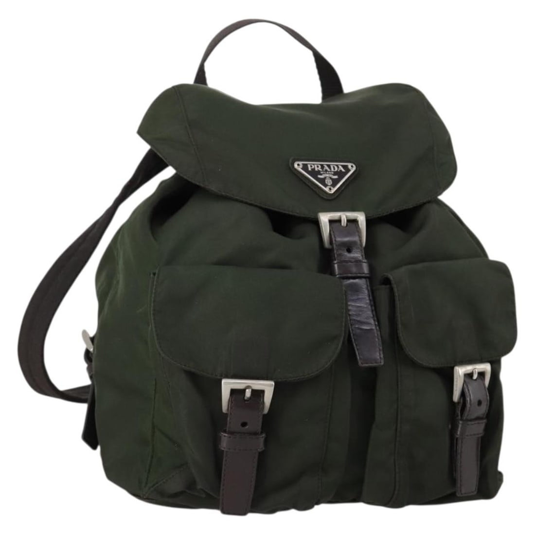 PRADA Khaki Silver Nylon Backpack Authentic 147399 Italy: PRADA Khaki Silver Nylon Backpack Authentic 147399 Italy This PRADA Backpack combines functionality with luxury, crafted from durable khaki nylon with silver accents. With dimensions of approximately