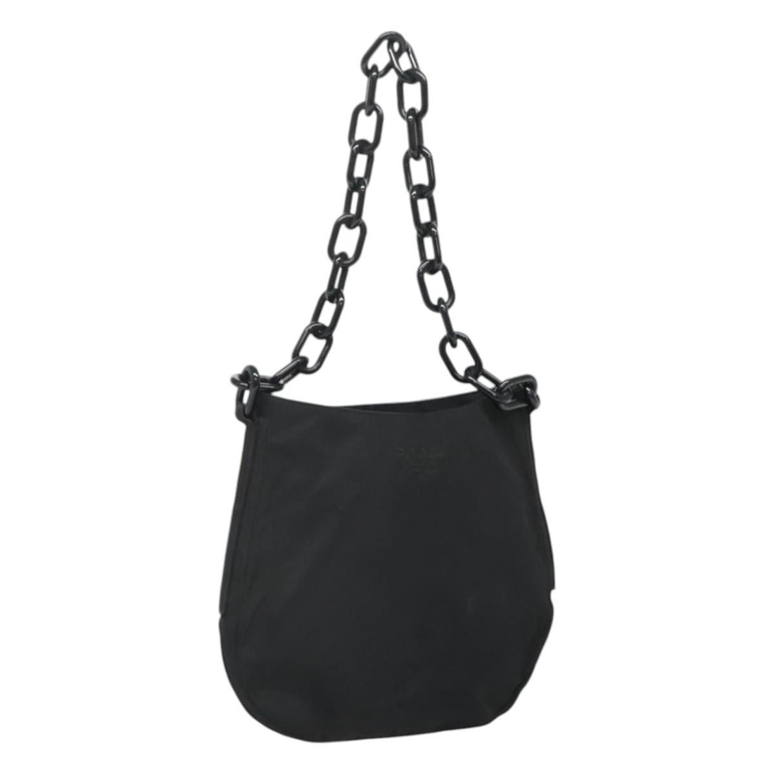 PRADA Black Silver Nylon Chain Shoulder Bag Authentic Made in Italy: PRADA Black Silver Nylon Chain Shoulder Bag Authentic Made in Italy This PRADA Chain Shoulder Bag is crafted from durable nylon, featuring a sleek black and silver color scheme. With approximate dimen