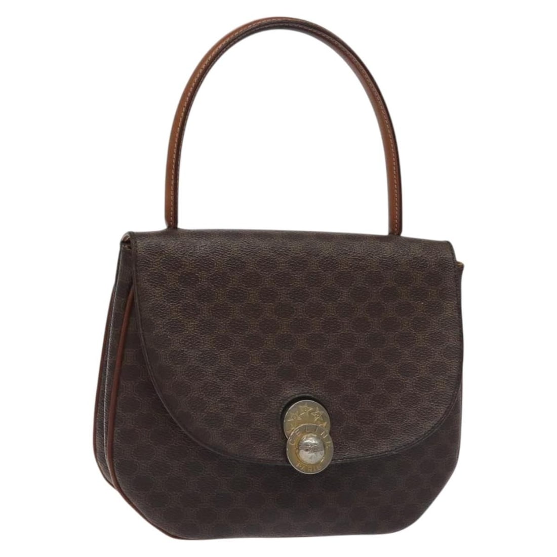 CELINE Macadam Canvas Hand Bag Brown Gold PVC Leather Auth Italy: CELINE Macadam Canvas Hand Bag Brown Gold PVC Leather Auth Italy This elegant CELINE Macadam Canvas Hand Bag is a stylish accessory crafted in Italy. Made from durable PVC leather and featuring a soph