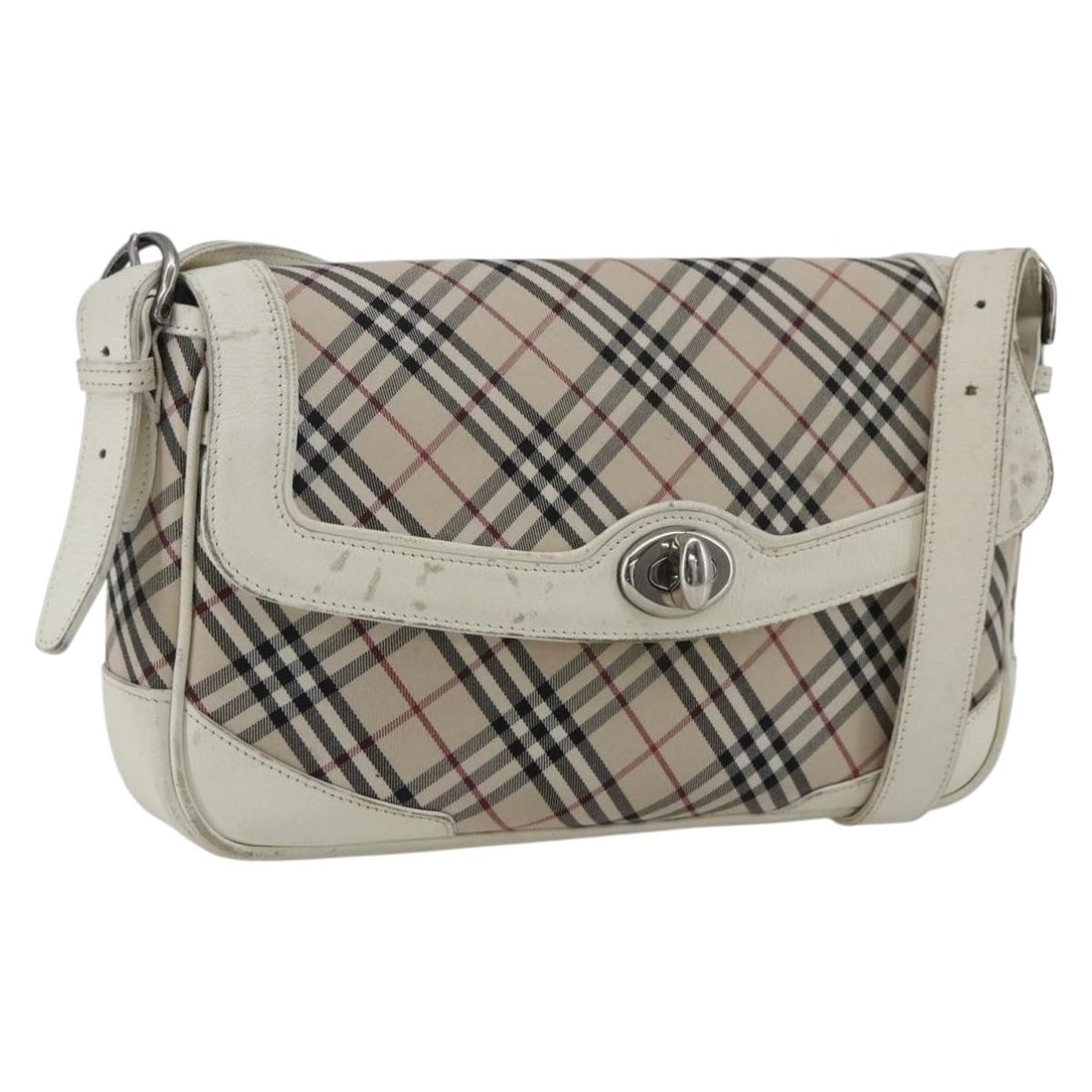 Canvas and Leather Nova Check Shoulder Bag by Burberry Beige White Silver: Canvas and Leather Nova Check Shoulder Bag by Burberry Beige White Silver This Burberry Nova Check shoulder bag features a classic beige, white, and silver canvas exterior with leather accents. Design