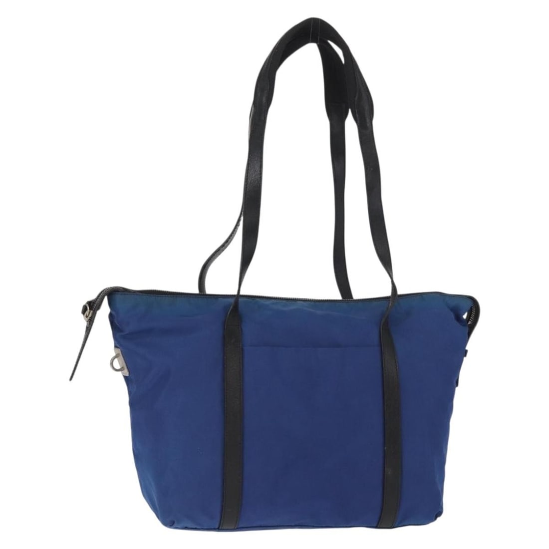 Blue Nylon Tote by PRADA with Silver Accents: Blue Nylon Tote by PRADA with Silver Accents This PRADA tote bag is crafted from blue nylon with silver-tone accents. Made in Italy, it features spacious interior storage and sturdy handles. Please no